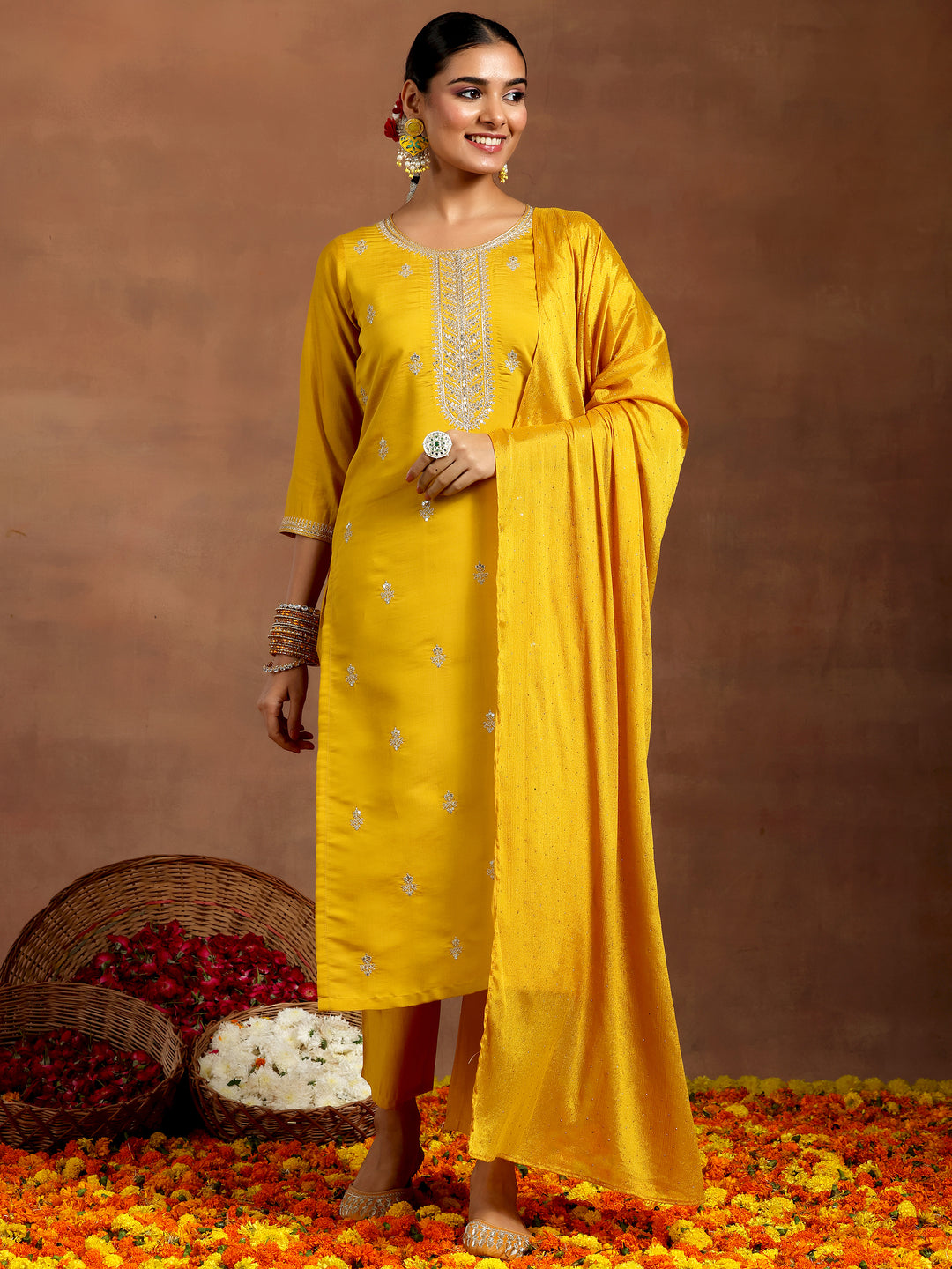 Mustard Embroidered Silk Blend Straight Suit With Dupatta