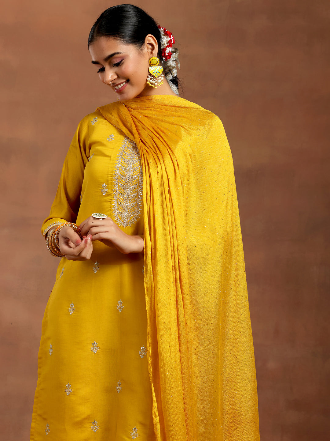 Mustard Embroidered Silk Blend Straight Suit With Dupatta