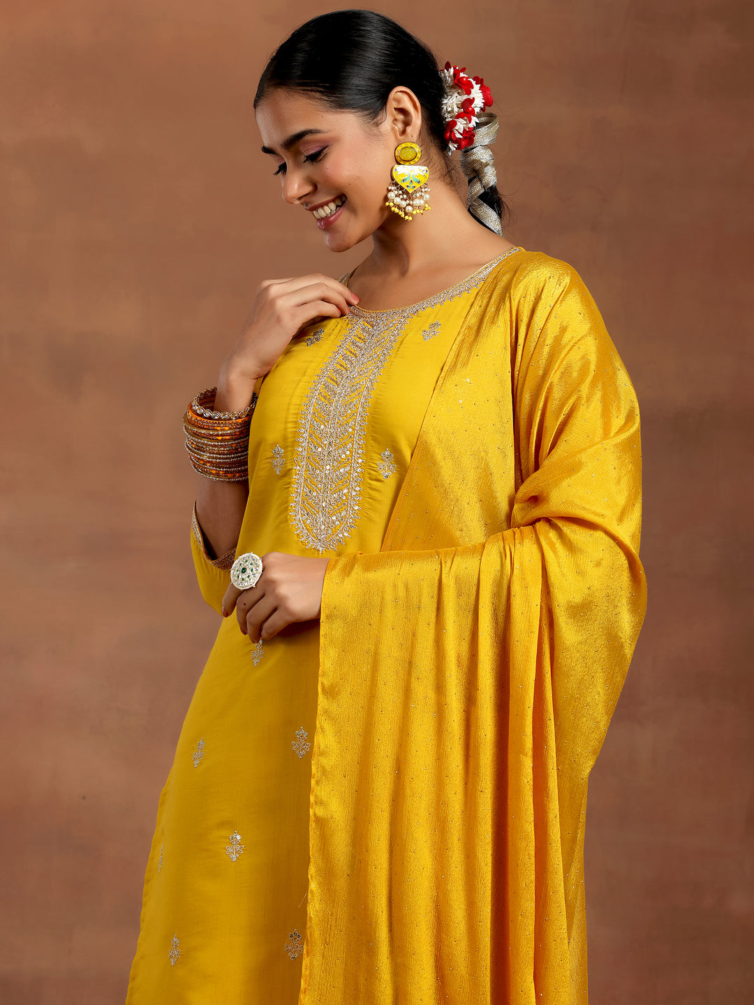 Mustard Embroidered Silk Blend Straight Suit With Dupatta