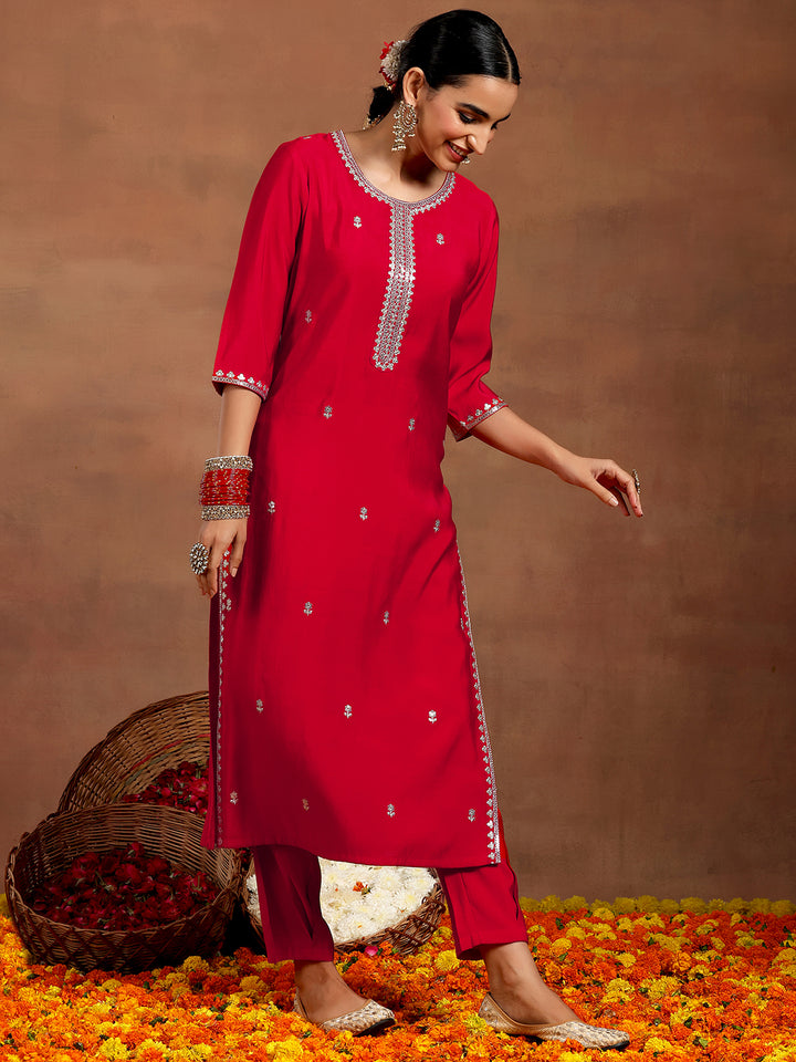Red Embroidered Silk Blend Straight Suit With Dupatta