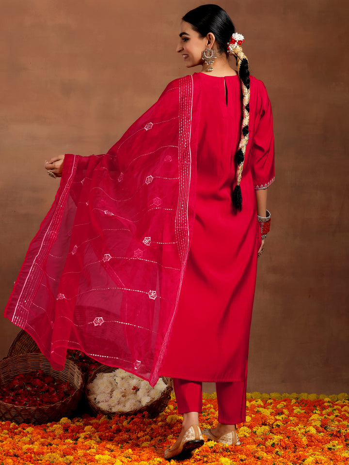 Red Embroidered Silk Blend Straight Suit With Dupatta