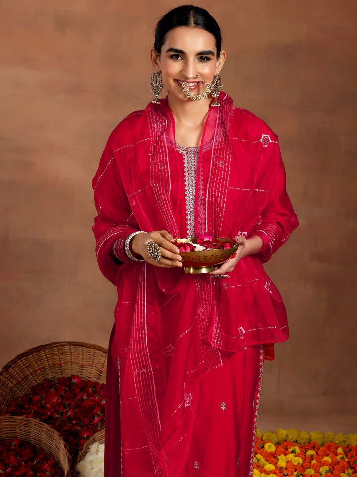 Red Embroidered Silk Blend Straight Suit With Dupatta