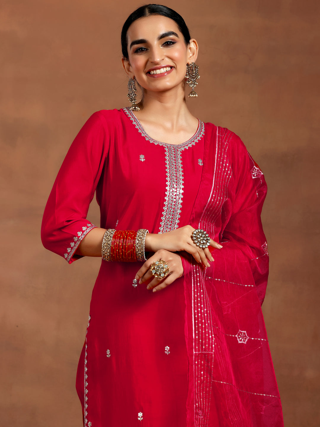 Red Embroidered Silk Blend Straight Suit With Dupatta