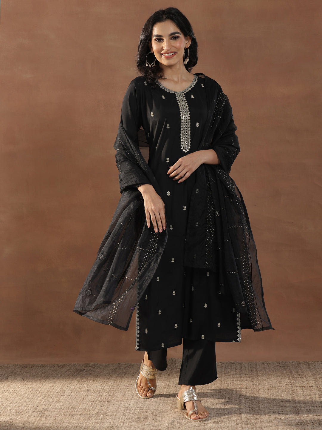 Black Embroidered Silk Blend Straight Suit Set With Dupatta