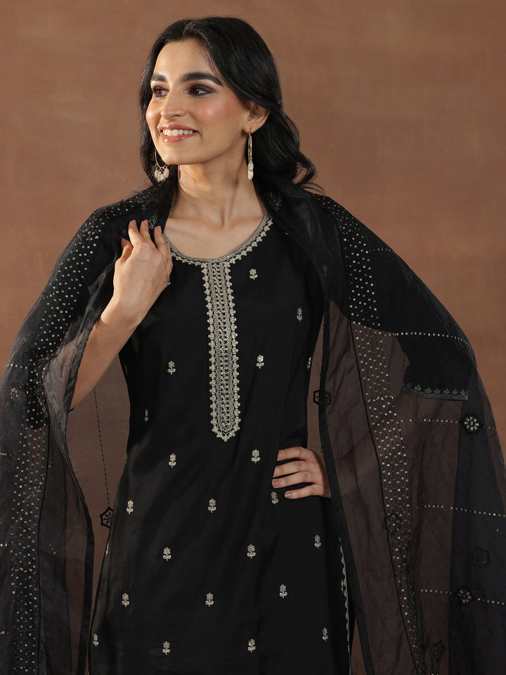Black Embroidered Silk Blend Straight Suit Set With Dupatta