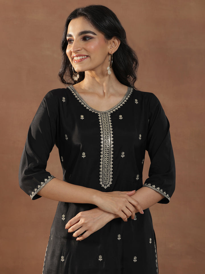Black Embroidered Silk Blend Straight Suit Set With Dupatta