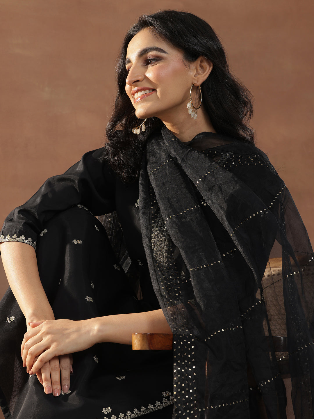 Black Embroidered Silk Blend Straight Suit Set With Dupatta