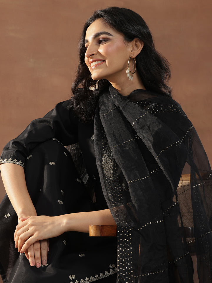 Black Embroidered Silk Blend Straight Suit Set With Dupatta