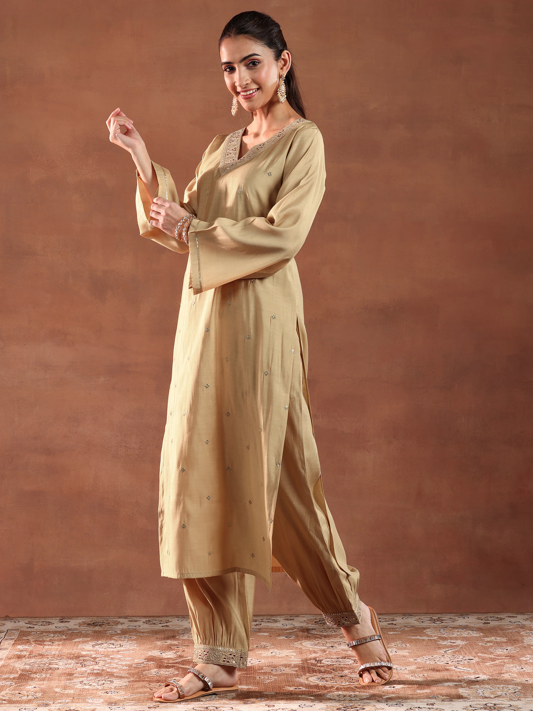 Beige Embroidered Silk Blend Straight Suit With Dupatta