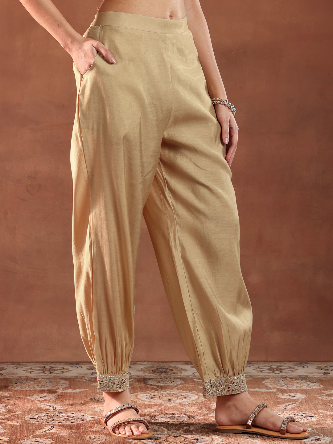 Beige Embroidered Silk Blend Straight Suit With Dupatta