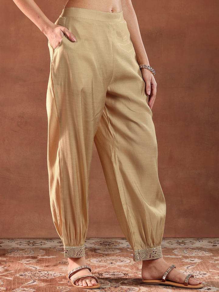 Beige Embroidered Silk Blend Straight Suit With Dupatta