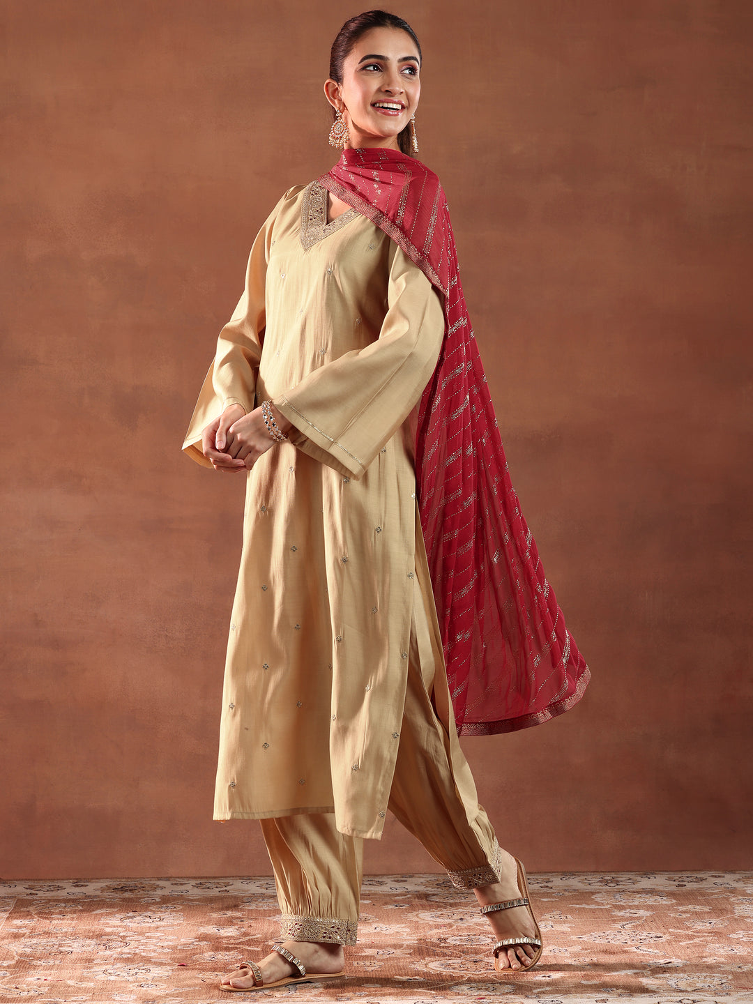 Beige Embroidered Silk Blend Straight Suit With Dupatta