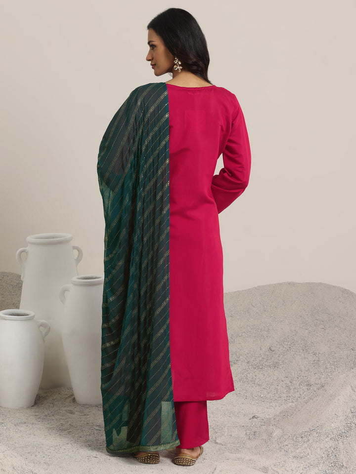 Red Embroidered Silk Blend Straight Suit Set With Dupatta