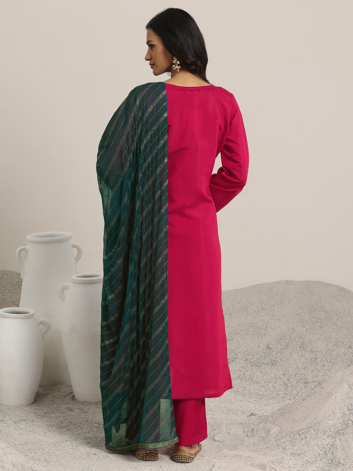 Red Embroidered Silk Blend Straight Suit Set With Dupatta