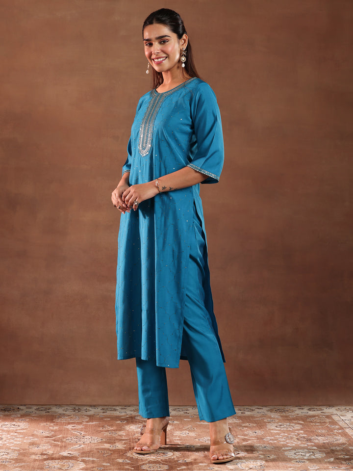 Blue Self Design Silk Blend Straight Suit With Dupatta