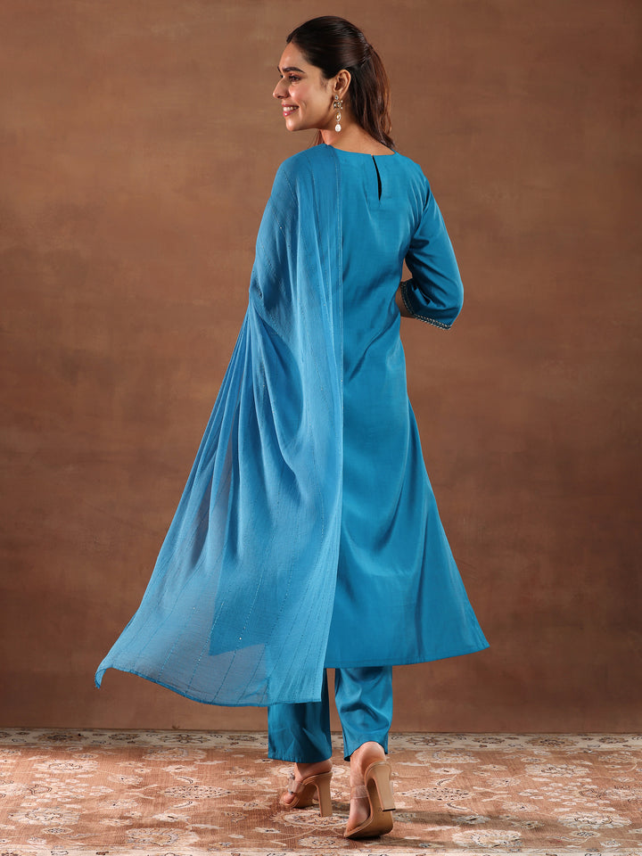 Blue Self Design Silk Blend Straight Suit With Dupatta
