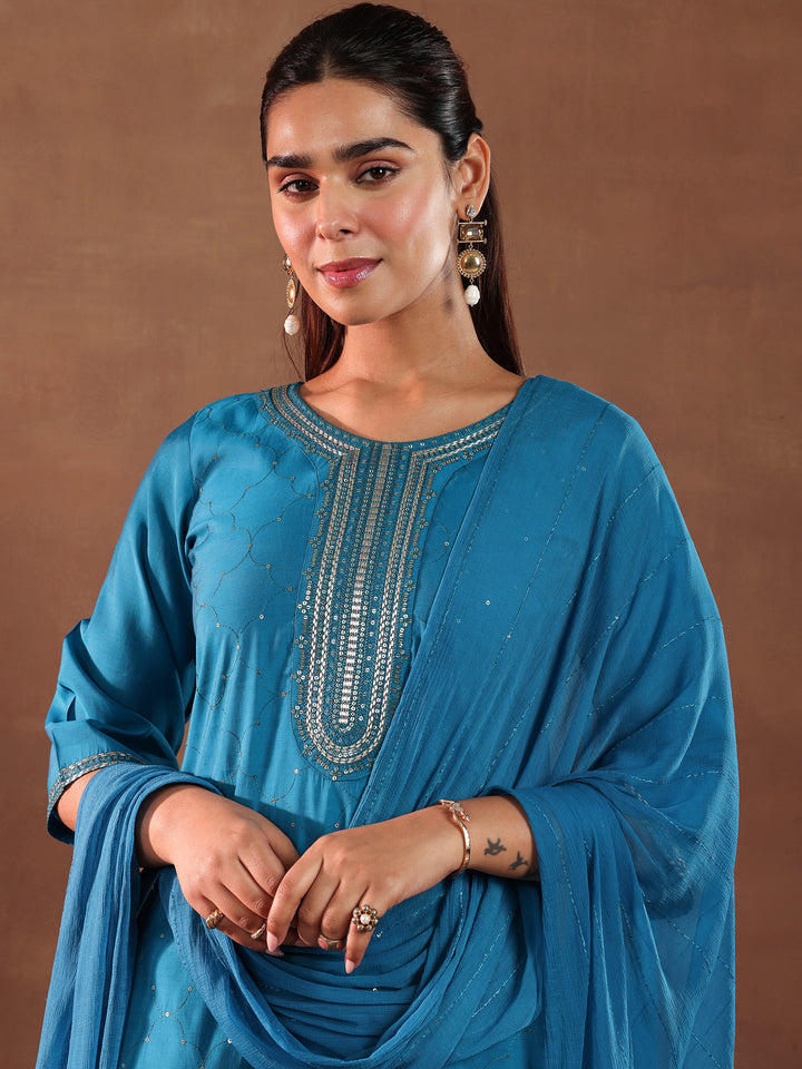 Blue Self Design Silk Blend Straight Suit With Dupatta