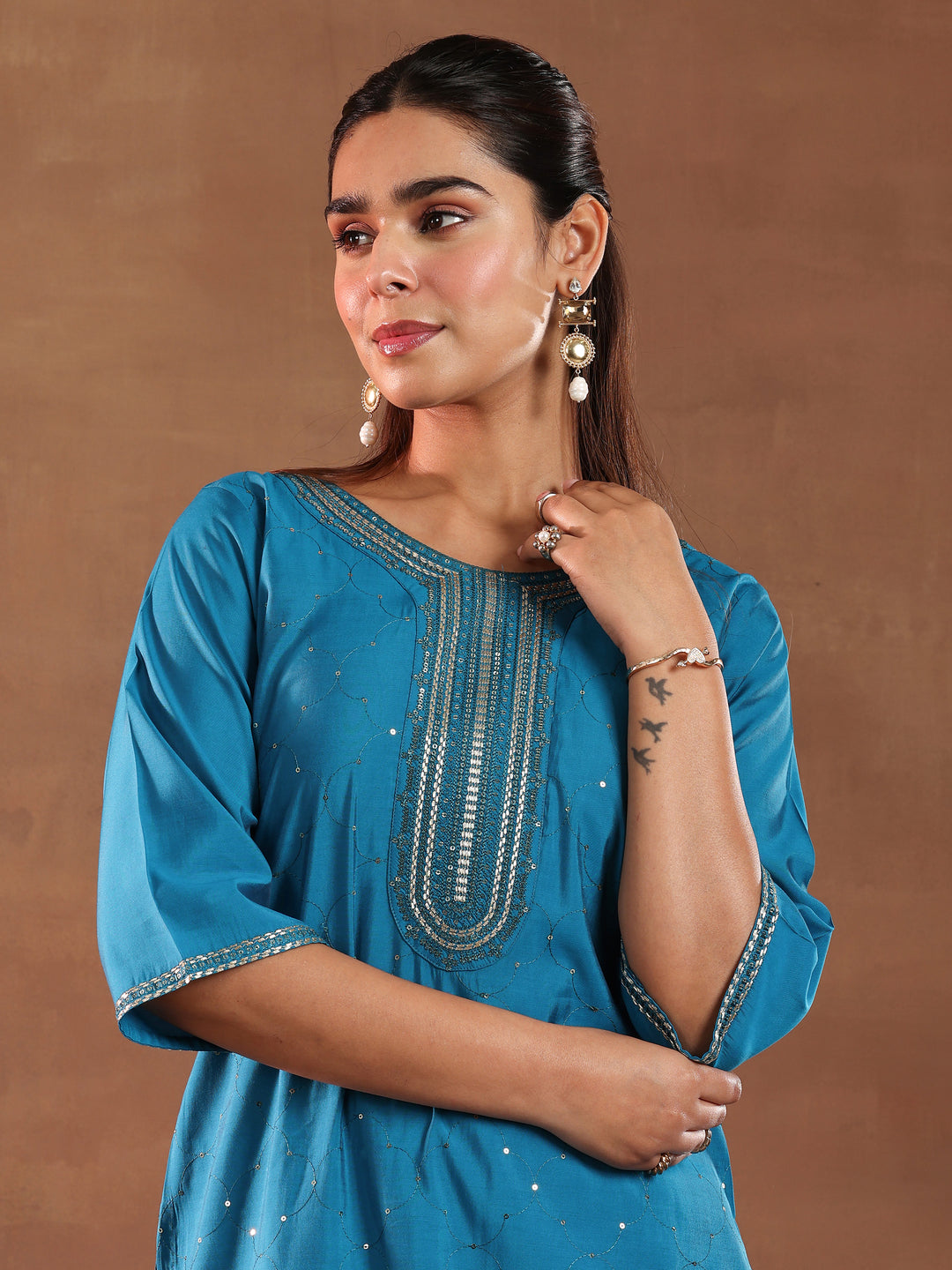 Blue Self Design Silk Blend Straight Suit With Dupatta