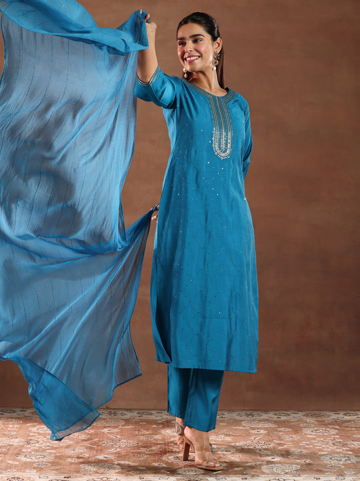 Blue Self Design Silk Blend Straight Suit With Dupatta