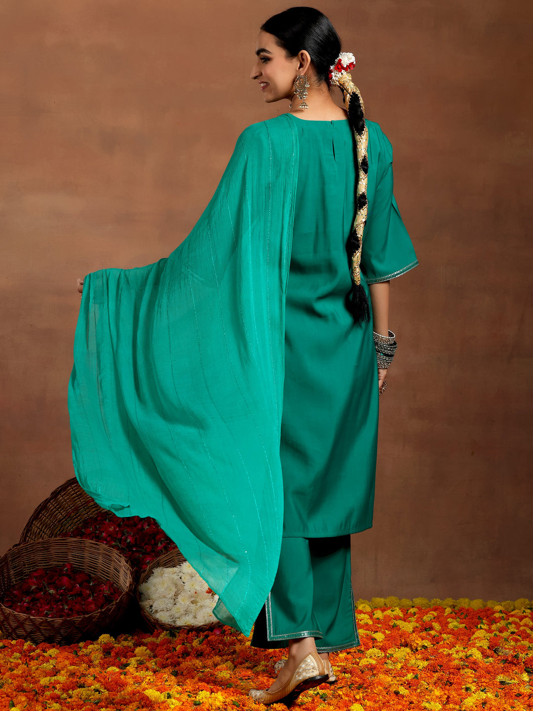 Rama Green Embellished Silk Blend Straight Suit With Dupatta