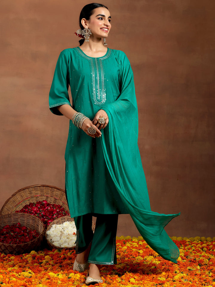 Rama Green Embellished Silk Blend Straight Suit With Dupatta