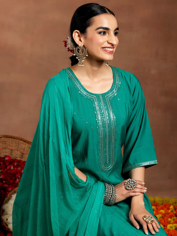 Rama Green Embellished Silk Blend Straight Suit With Dupatta
