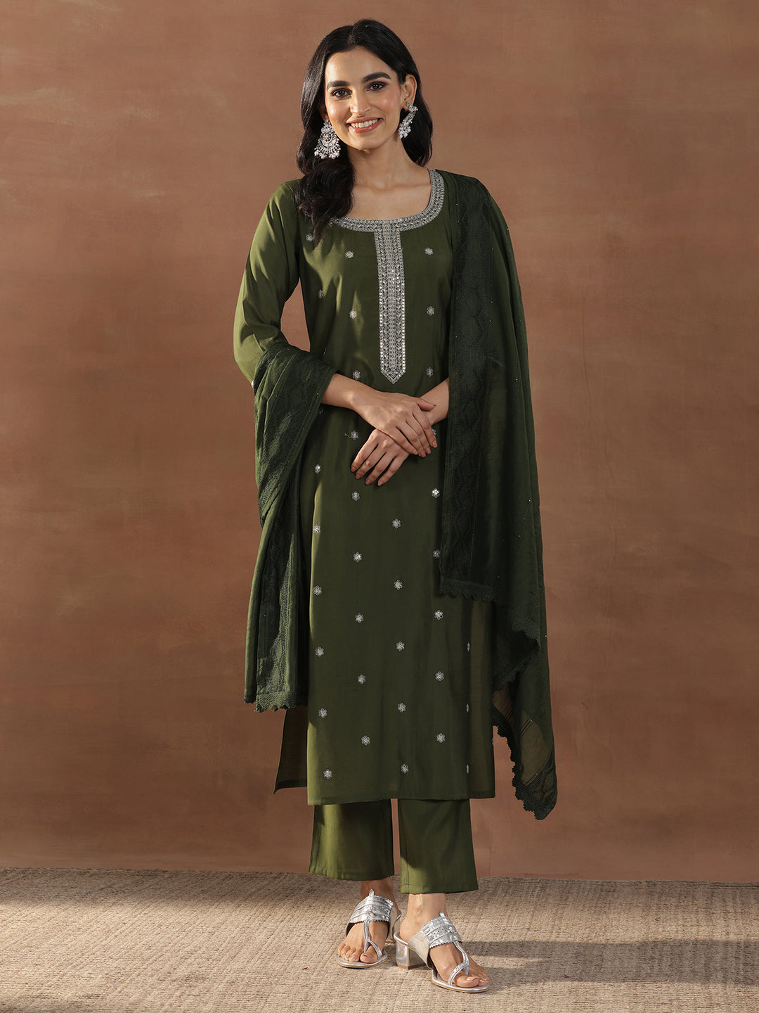 Olive Embroidered Silk Blend Straight Suit Set With Dupatta