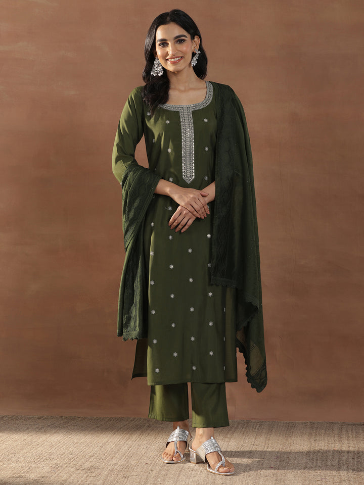 Olive Embroidered Silk Blend Straight Suit Set With Dupatta