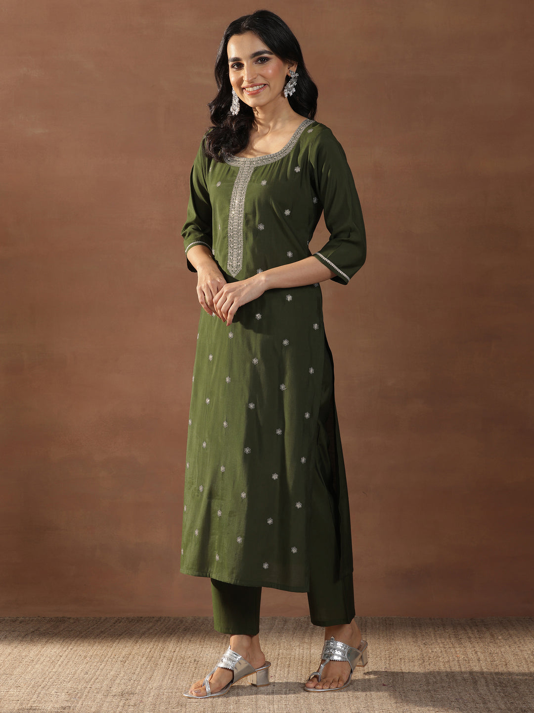 Olive Embroidered Silk Blend Straight Suit Set With Dupatta