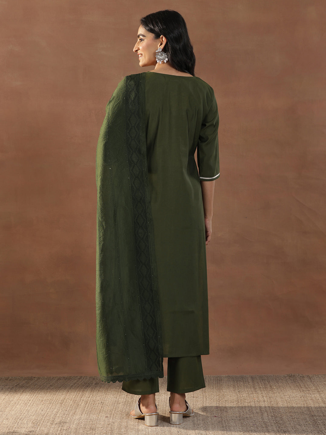 Olive Embroidered Silk Blend Straight Suit Set With Dupatta