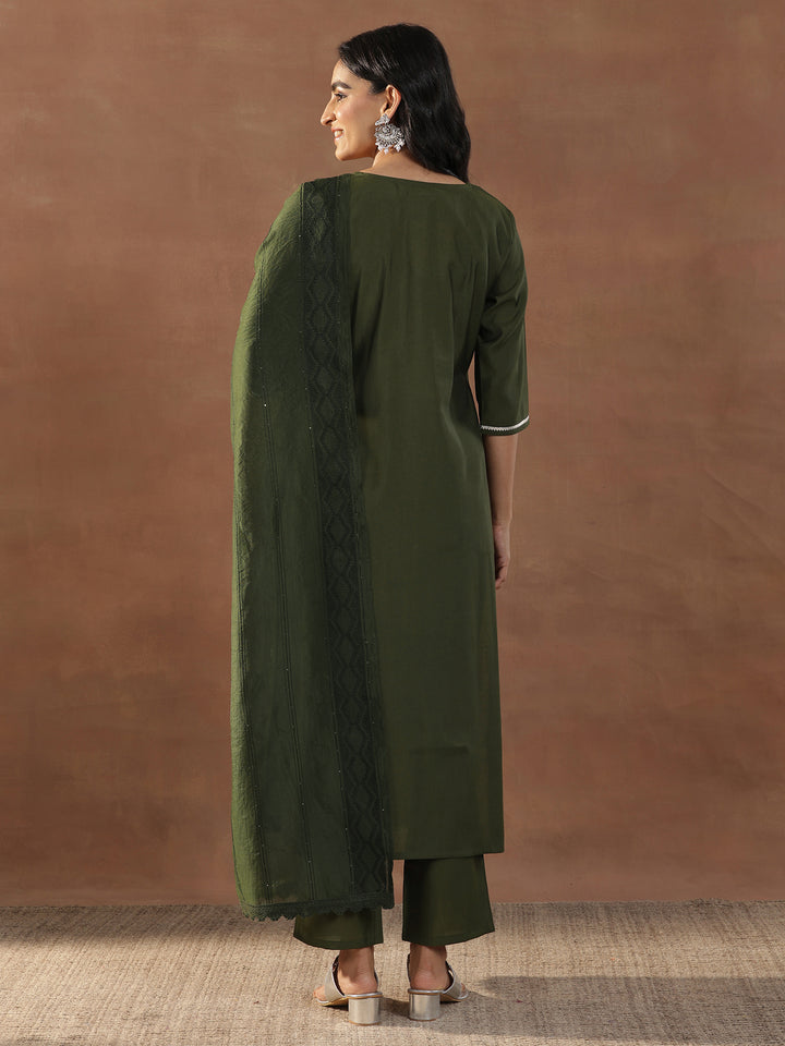 Olive Embroidered Silk Blend Straight Suit Set With Dupatta