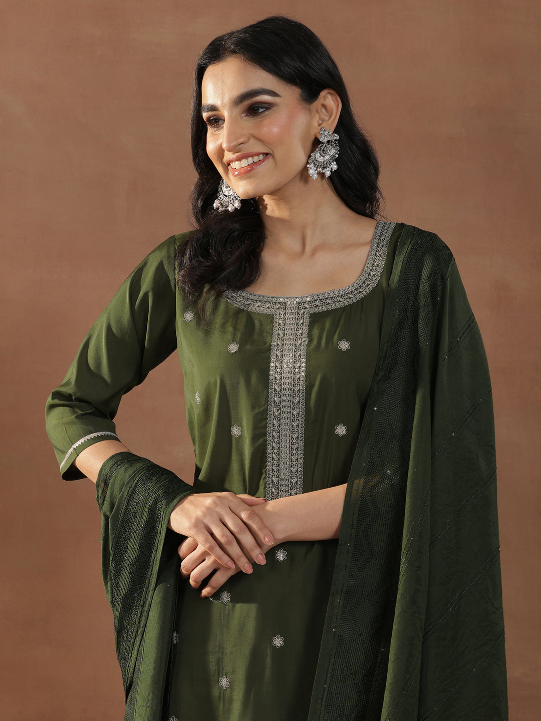 Olive Embroidered Silk Blend Straight Suit Set With Dupatta