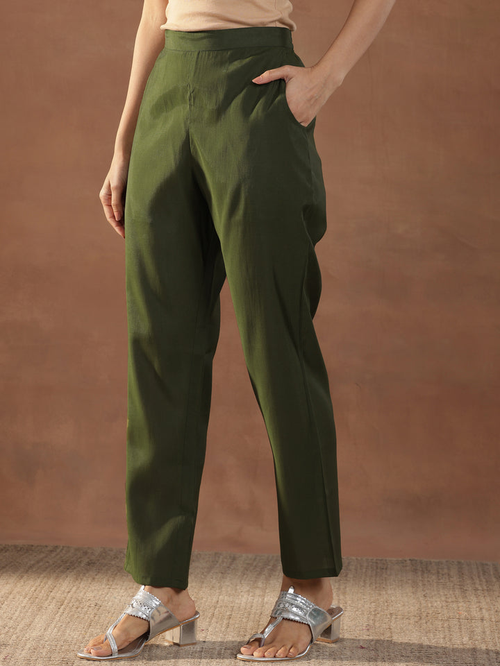 Olive Embroidered Silk Blend Straight Suit Set With Dupatta