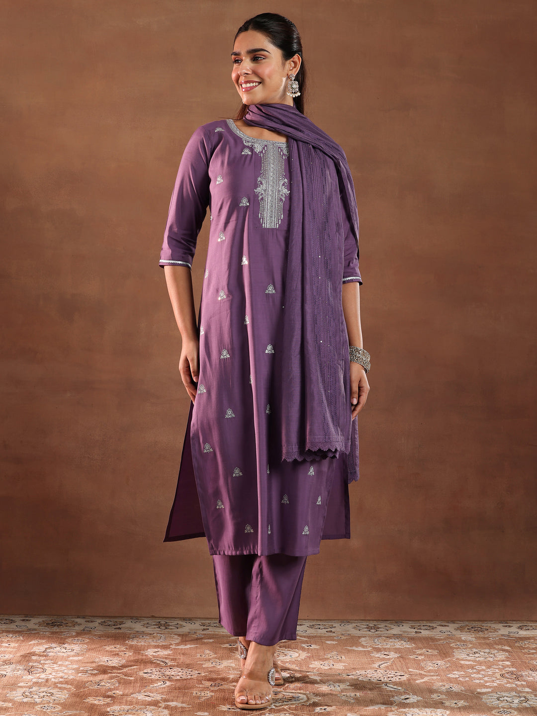 Mauve Embroidered Silk Blend Straight Suit With Dupatta