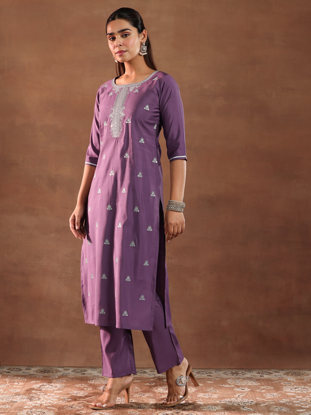 Mauve Embroidered Silk Blend Straight Suit With Dupatta