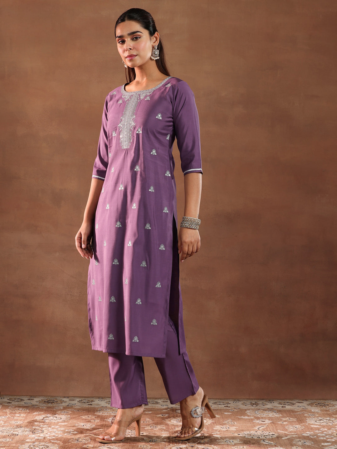 Mauve Embroidered Silk Blend Straight Suit With Dupatta