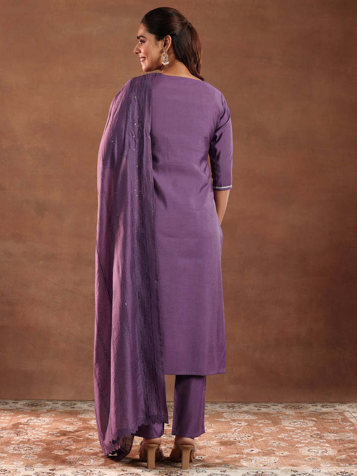 Mauve Embroidered Silk Blend Straight Suit With Dupatta
