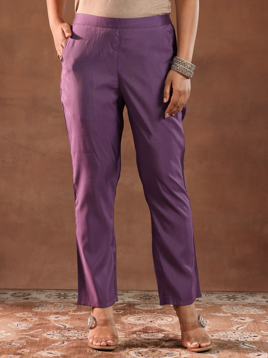 Mauve Embroidered Silk Blend Straight Suit With Dupatta