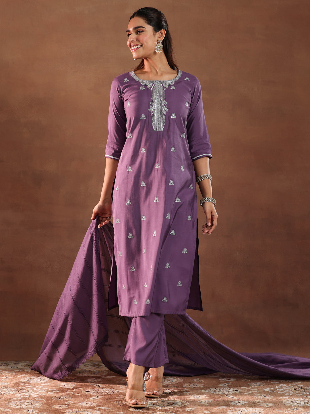 Mauve Embroidered Silk Blend Straight Suit With Dupatta