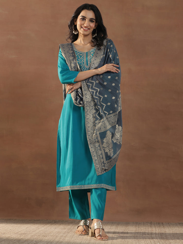 Blue Yoke Design Silk Blend Straight Suit Set With Dupatta