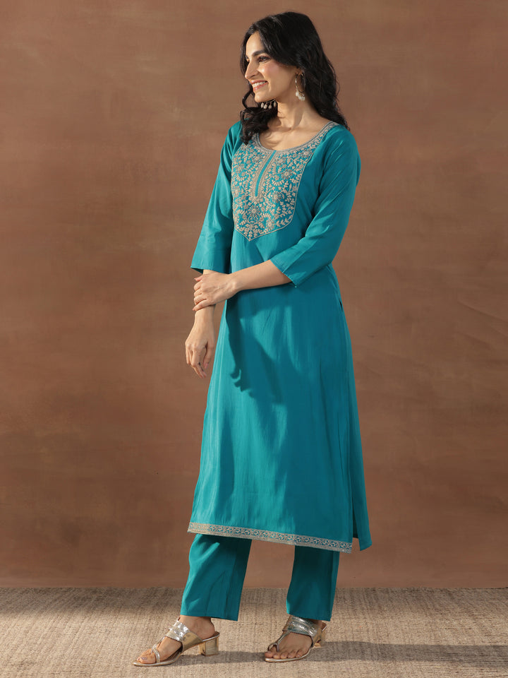Blue Yoke Design Silk Blend Straight Suit Set With Dupatta