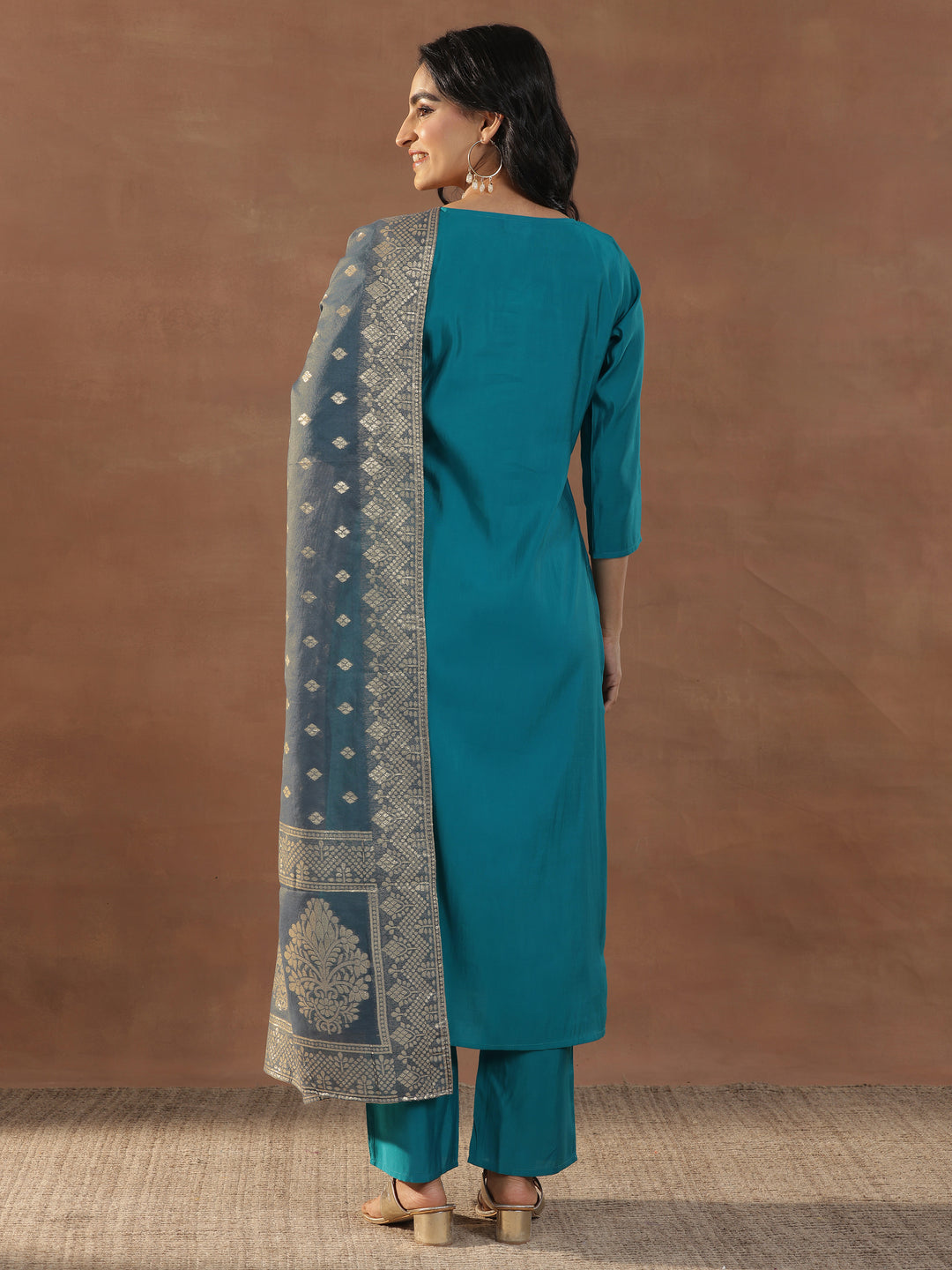 Blue Yoke Design Silk Blend Straight Suit Set With Dupatta