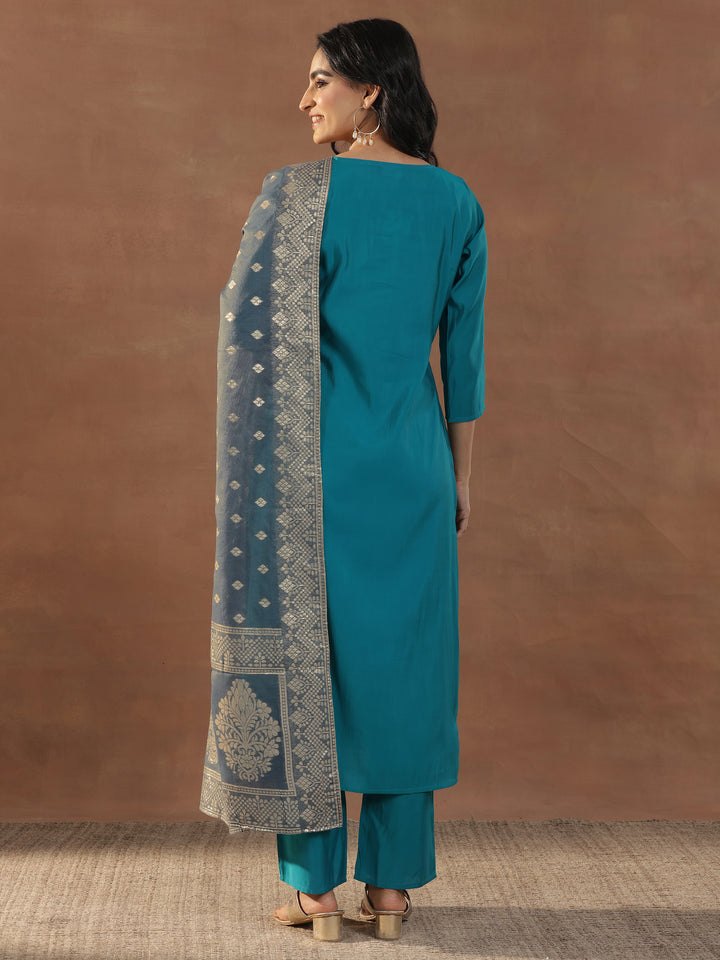 Blue Yoke Design Silk Blend Straight Suit Set With Dupatta