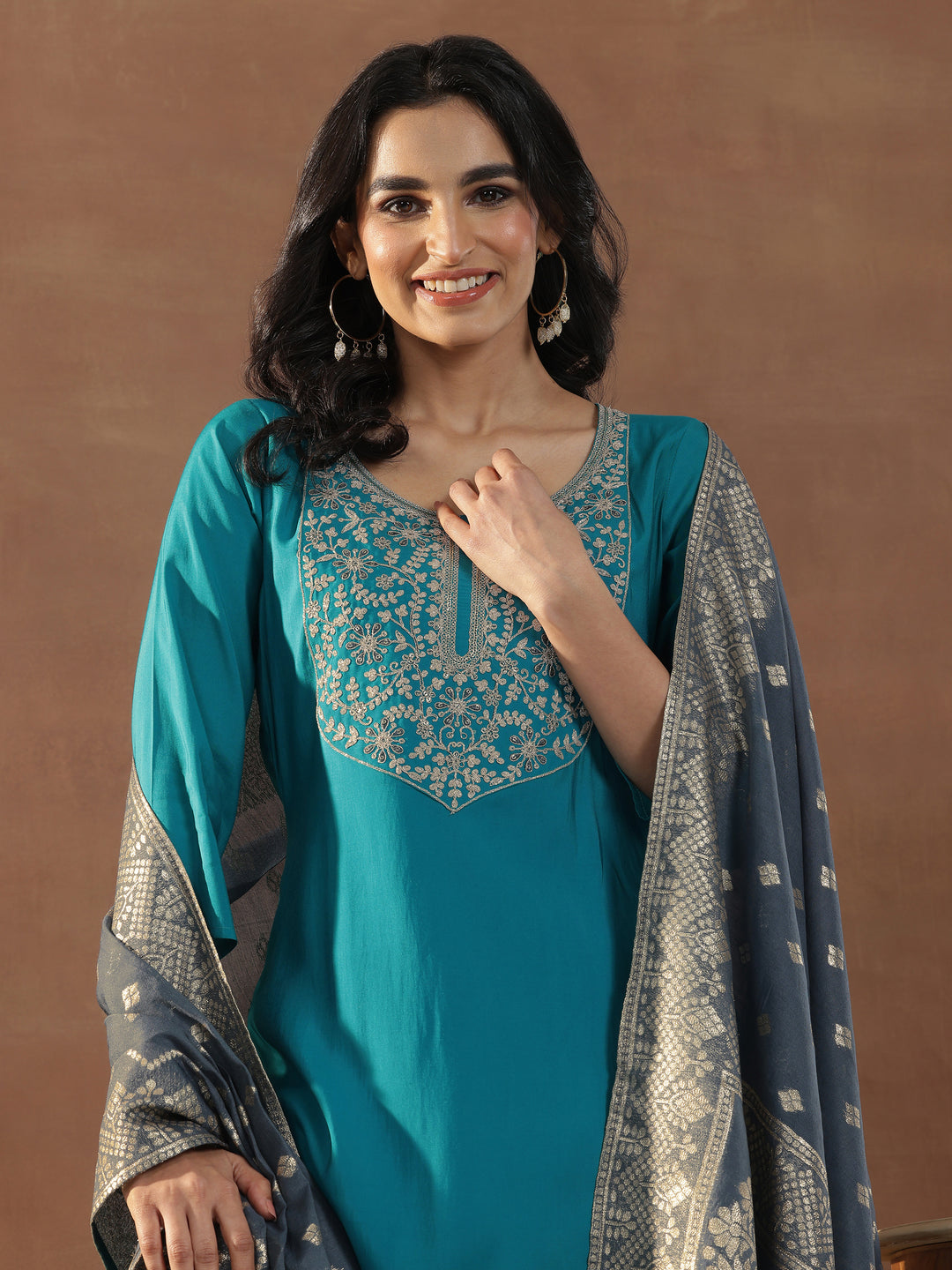 Blue Yoke Design Silk Blend Straight Suit Set With Dupatta