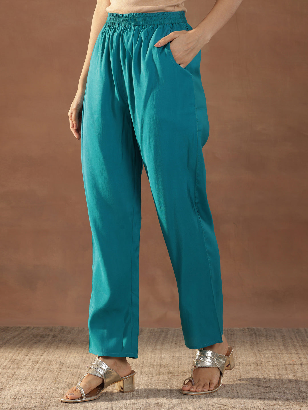 Blue Yoke Design Silk Blend Straight Suit Set With Dupatta