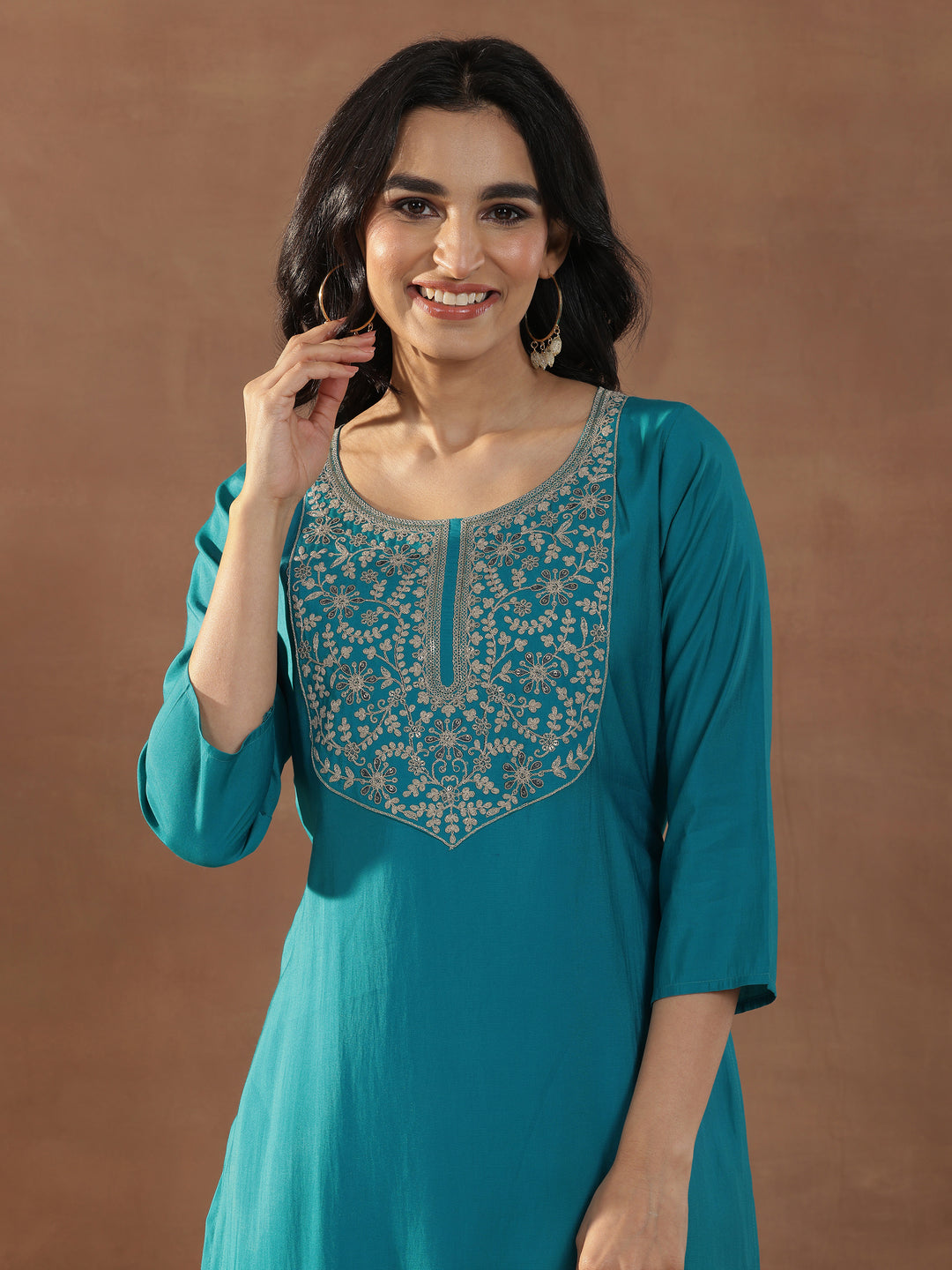 Blue Yoke Design Silk Blend Straight Suit Set With Dupatta