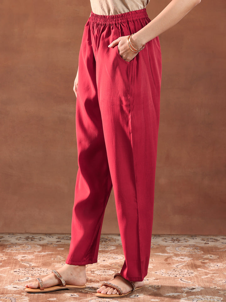 Maroon Embroidered Silk Blend Straight Suit With Dupatta