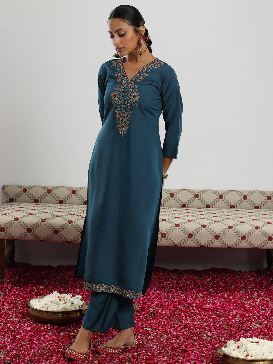 Teal Yoke Design Silk Blend Straight Suit With Dupatta