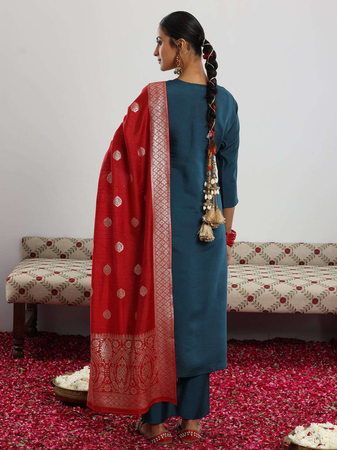 Teal Yoke Design Silk Blend Straight Suit With Dupatta