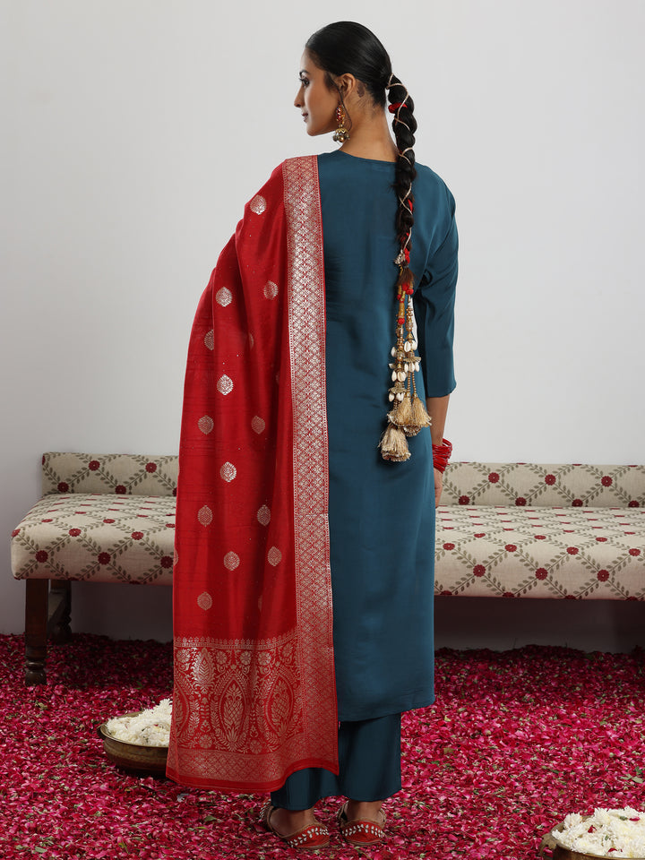 Teal Yoke Design Silk Blend Straight Suit With Dupatta